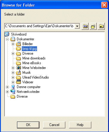 Klik dig frem til den nye mappe, hvis du har oprettet en mappe til de nye billeder, eller vlg samme mappe som de oprindelige billeder i bmp-formatet ligger
