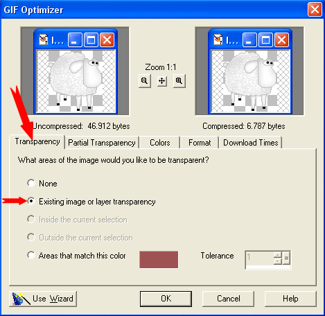 Fanen 'Transparency' er aktiv: St et flueben ud for: Existing image or layer transparency.