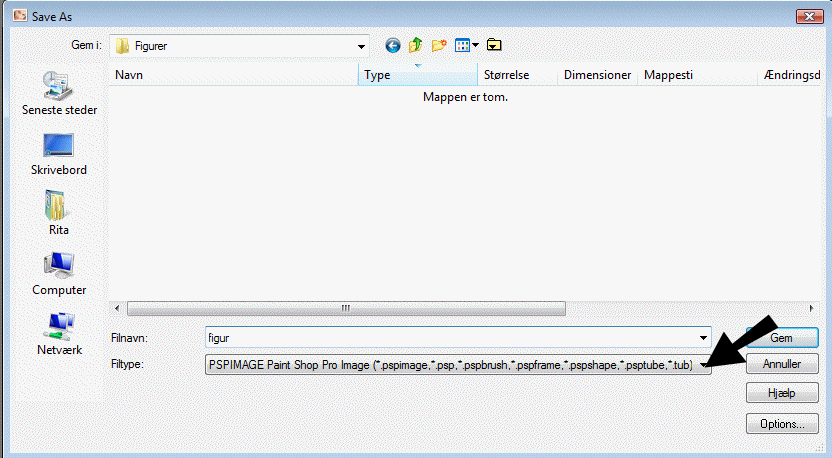 P linjen ud for Filtype vlges: PSPIMAGE Paint Shop Pro Image (*.pspimage,*.psp,*.pspbrush,*.pspframe,*.pspshape,*.psptube,*.tub)