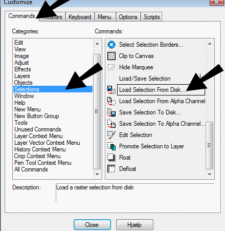 Vlg Selections i venstre side og marker knappen 'Load Selection From Disk i hjre side